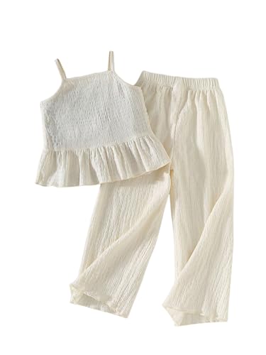 Image of WDIRARA Girl's 2 Piece Outfits Boho Floral Crochet Ruffled Sleeveless Cami Top and Wide Leg Pants