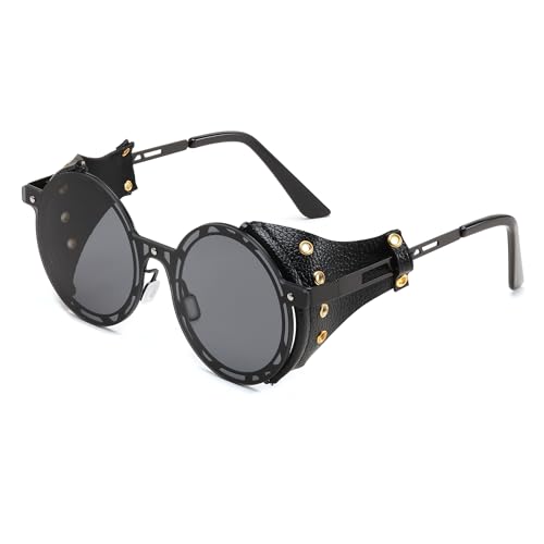 FEISEDY Retro Round Steampunk Sunglasses Women Men Vintage Eyewear Metal Frame Leatherwear B0140