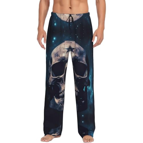 Pantalones de pijama para hombre con estampado de calavera y estrellas con bolsillos, pantalones de pijama largos para dormir, Negro, M
