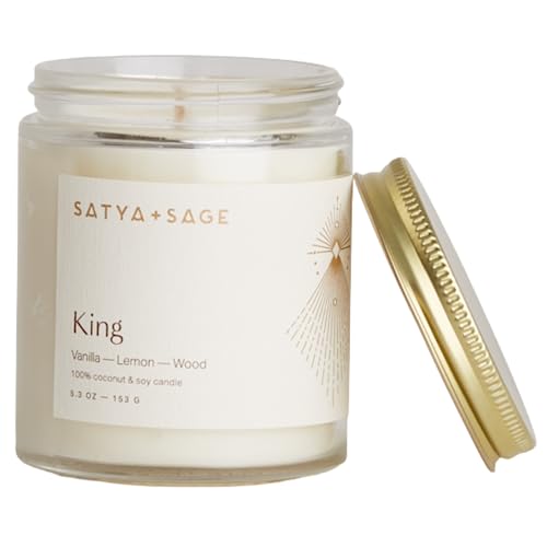 Satya+Sage Luxury Aesthetic Scented Candle (King, 5oz – Vetiver, Citrus, 29 Hours) | All Natural, Non-Toxic Coconut and Vegan Soy Wax w/Essential Oils for Massage, Relaxation | Hand Poured in USA