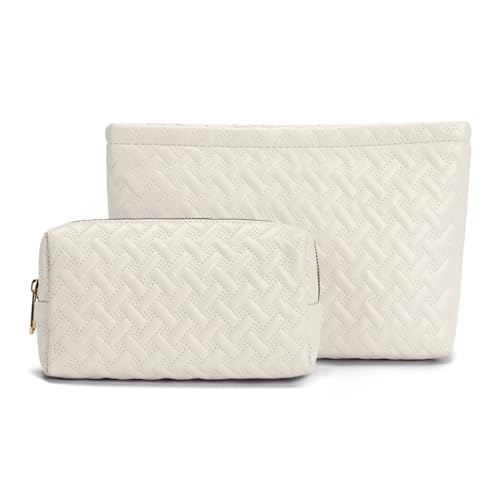 2 Pieces Makeup Bag Toiletry Bag for Women Vegan Leather Travel Cosmetic Make Up Brush Bag Pack Travel Vacation Essenitial for Purse (Cream White)