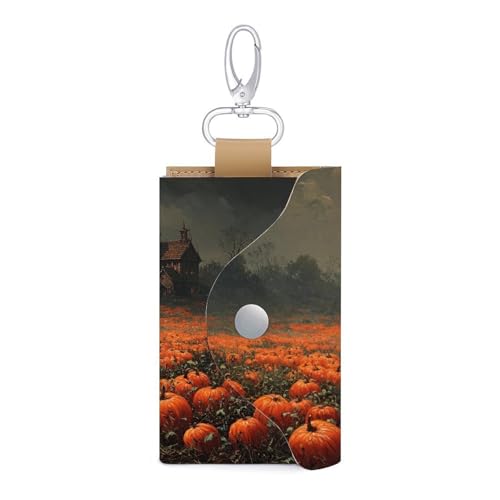Halloween Pumpkins Field Spooky Houses Key Holder Bag PU Leather ID Card Holder Keychains Case Cover for Men Women