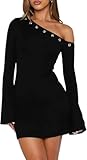 Sukiglam Kleid Damen Langarm One-Shoulder Minikleid mit Silberne Öse Sexy Bodycon Kleider Kurzes Elegant Glockenärmel Partykleid Cocktailkleid Herbstkleid Freizeitkleid Festlich Clubwear