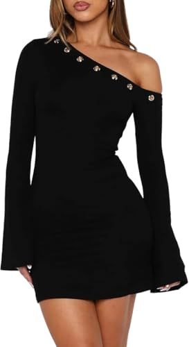 Sukiglam Vestito Donna Maniche Lunghe Mini Abito Elegante Monospalla Abiti