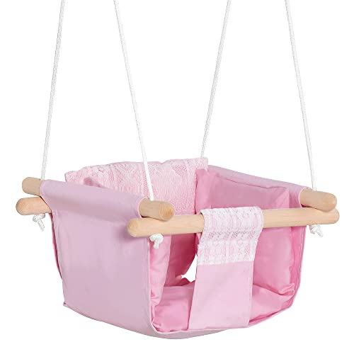Outsunny Columpio para Bebé Altura Ajustable con Cinturón de Seguridad Interior y Exterior Carga Máx. 80 kg Madera 40x40x180 cm Rosa