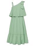 GRACE KARIN Girls One Shoulder Dress Off Shoulder Green Twrill Solid Summer Party Sundress Size 6-7
