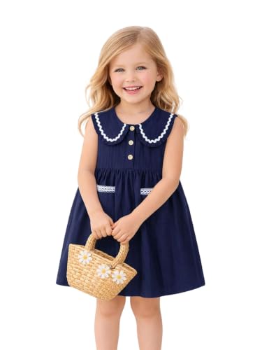 Image of HILEELANG Girls Cotton Dress Sleeveless Peter Pan Collar with Pockets
