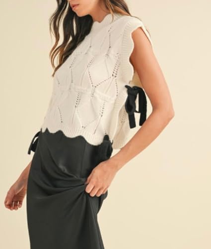 Image of Women Side Tie Sweater Vest Scallop Trim Mock Neck Knit Vest Bow Lace Up Ribbon Sweater Tank Top Knitwear