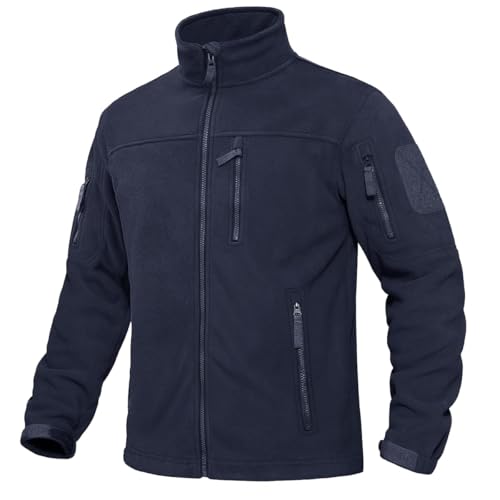 KEFITEVD Chaqueta de forro polar para hombre, resistente al viento, con cremallera, abrigo táctico cálido con 6 bolsillos, azul marino, M