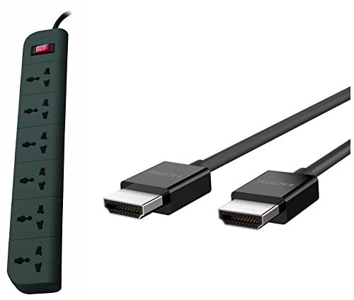 Image of Belkin Ultra HD High Speed HDMI Cable, Supports 8K and 4K, HDMI 2.1 Certified, Dolby Vision (Black) & Essential Series 6-Socket Surge Protector Universal Socket with 6.5ft Heavy Duty Cable (Grey)