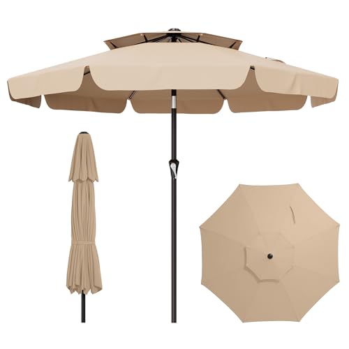 Image of AreShark 9ft 2-Tier Patio Umbrella with Valance - Outdoor Umbrella Waterproof UV Protection, Market Table Umbrella w /Push Button Tilt&Crank for Pool, Porch, Garden(Beige)