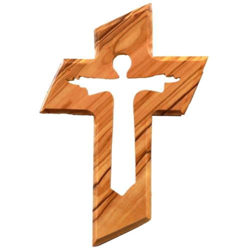KASSIS Cruz colgante de madera de olivo con Cristo resucitado – Cruz de pared hecha a mano en Belén – Regalo religioso para bautizo, primera comunión, confirmación, boda