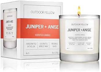 Outdoor Fellow Juniper + Anise Scented Candle, 8oz, Coconut & Apricot Wax Blend, Juniper Berry, Zesty Grapefruit, Citrus Peel, Reusable Glass, 40-50 Hour Burn Time