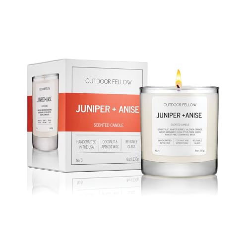 Outdoor Fellow Juniper + Anise Scented Candle, 8oz, Coconut & Apricot Wax Blend, Juniper Berry, Zesty Grapefruit, Citrus Peel, Reusable Glass, 40-50 Hour Burn Time