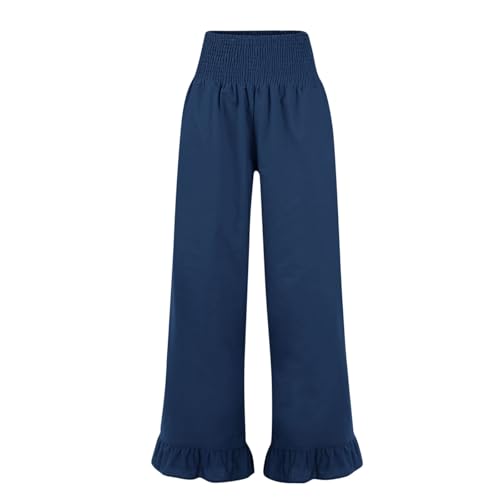 Image of Womens Linen Palazzo Pants Ruffle Hem Drawstring Boho Trousers Beach Travel Vacation Outfits