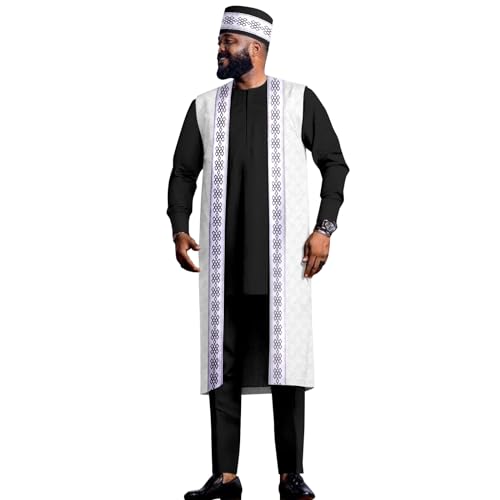 African Clothes for Men Suit Outfits Embroidery Jacket Shirt Pants Matching Hat 4 Pieces Set for Wedding