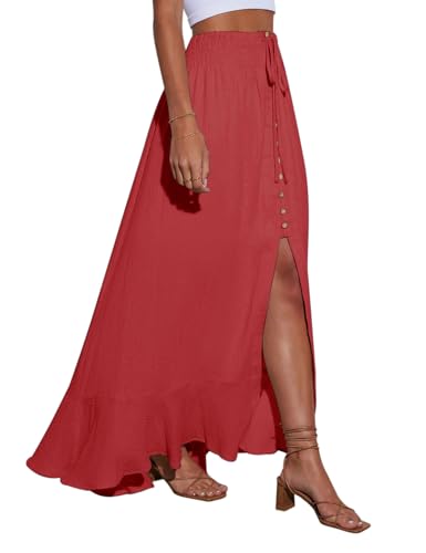 Image of Minclouse Women's Elastic Tie Waist Button Down Maxi Skirts Casual Loose Flowy Swing Slit Front Dress