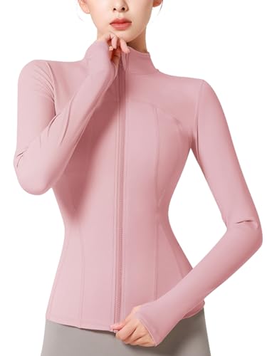 SHEKINI Womens Sports Jacket Fitness Workout Breathable Activewear Full Zip Front Yoga Tops with Thumb Holes Pink