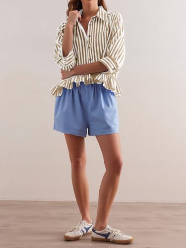Cicy Bell Womens Cropped Striped Button Down Shirts Ruffle 3/4 Length Sleeve Summer Tops Dressy Casual Blouses4