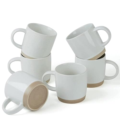 Richmount Milkyway Coffee Mugs Set of 6, 12oz/340ml Stoneware Tea Cups with Large Handle for Latte/Cappuccino/Milk/Cocoa/Tea, Microwave & Dishwasher Safe, White