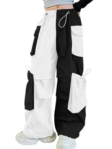 Image of Girls Cargo Pants Wide-Leg Straight Streetwear, 6-14 Years | Elastic Drawstring Vintage Baggy Pants Y2K School Casual