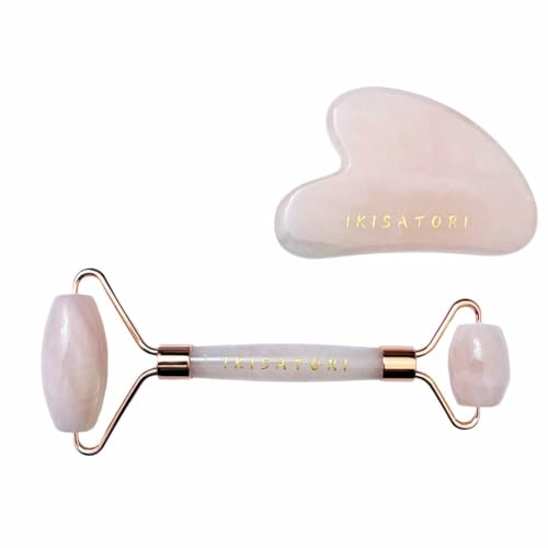 Rose Quartz Natural Stone Curved Facial Roller & Guasha Set - Jad...