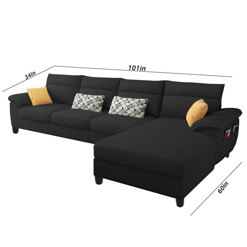 Image of Casaliving Seams RHS 6 Seater L Shape Sofa Set for Living Room (Black Colour Fabric) Premium Fabric Sofa Set for Living Room | Hall
