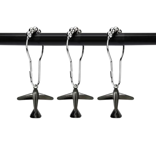 ZILucky12 Pcs Aircraft Shower Curtain Hooks, Stainless Steel Rustproof, Shower Curtain Rings, Minimalist Modern Decorative Design (Black-Aircraft)