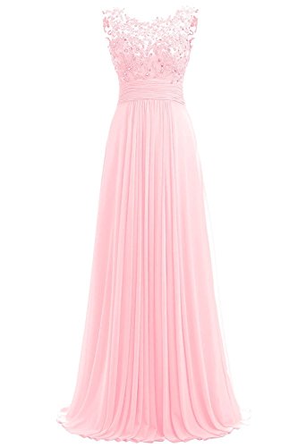 Beyonddress Damen Chiffon Perlstickerei Abendkleider Lange Elegant HochzeitsKleid Spitze Cocktailkleider(Rosa,44)