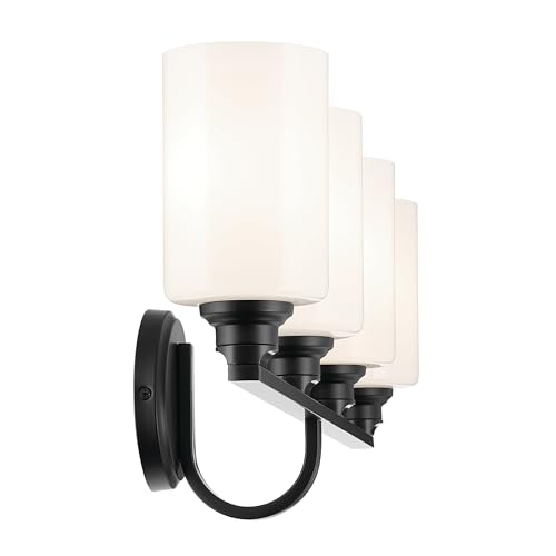 Image of Kichler Gioe 4-Light Bathroom Vanity Light Fixture with Opal Glass in Black, Modern Wall Mount Over Mirror Lighting for Powder Room (32.25 inch W x 10.5 inch H), 55227BK