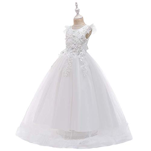 Big Little Girl Princess Embroidery Flower Lace Long A Line Pageant Dress Kids Floor Length Prom First Holy Communion Bowknot Dress Puffy Tulle Maxi Ball Gown For Wedding Party Birthday White 5-6 #TOP1