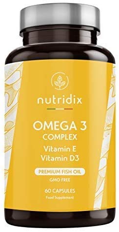 Oméga 3 2000 mg par dose - Acides Gras Essentiels DHA et EPA - Huile de Poisson Pure à Haute Concentration en Vitamine D et E - 60 gélules Nutridix Cover