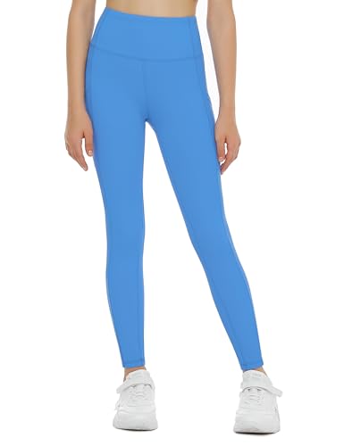 THE GYM PEOPLE Girls Workout Leggings Kids High Waist Stretch Athletic Dance Yoga Pants with Pockets Sea Blue