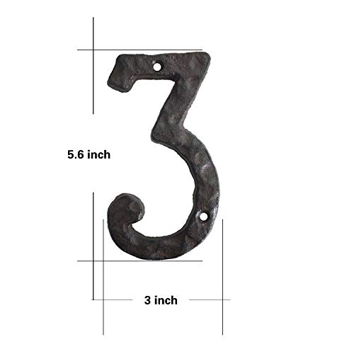 6 Inch House Numbers, Cast Iron Metal Home Address Number, Heavy Duty & Sturdy, Unique Hammered Look, Number 3 - Thumbnail 5