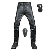 oFzimTo Motorradhose Herren, Kunstleder Lederhose, Stretch Schwarz Motorradhose Mit Taschen, Abriebfest, Gesäß & Knie VerstäRkt, Entnehm- & HöHenverstellbare Knieprotektoren (Schwarz,M)