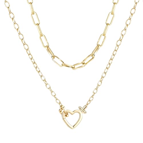 Layered Gold Necklaces for Women,Stackable Dainty 14K Gold Silver Plated Trendy Circle Paperclip Chain Pendant Choker Necklace,Simpl Diamond Cross Bow Jewelry Set Gifts for Women
