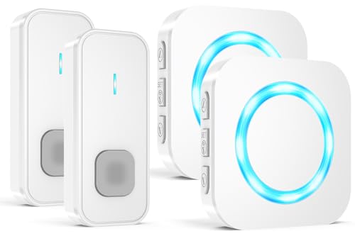 AIMAX Funkklingel mit 2 Sender und 2 Empfänger,klingel Haustür kit,400m Hohe Reichweite, IP55 Wasserdicht, 55 Klingeltöne, 5 Lautstärkestufen Mit LED-Blitz,kabellose Installation