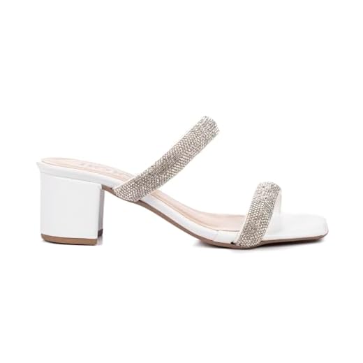 Sandália Moda Feminina JJOJO Anitha Salto Baixo Grosso 5cm Brilho Strass (38, Branco)