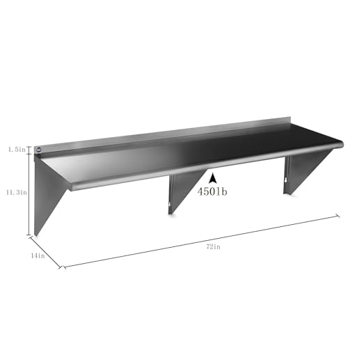 Image of ROCKPOINT Stainless Steel Shelf 14 x 72 Inches 480lb, 2 Pack NSF Commercial Wall Mount Floating Shelving with Backsplash for Restaurant, Kitchen, Home and Hotel, Silver