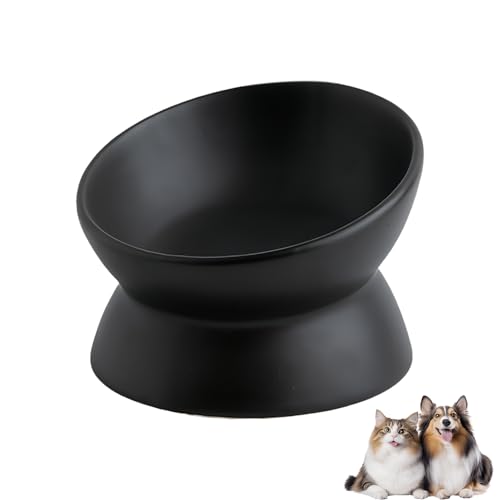 Elevated Cat Food Bowl, Ceramic Raised and Tilted Pet Water Bowl, Anti Vomiting Cat Feeding Bowls - Stress Free Shallow Cat Bowl, Stress Free for Cats and Small Dogs,150ml/5oz (Black, 1 Pack)
