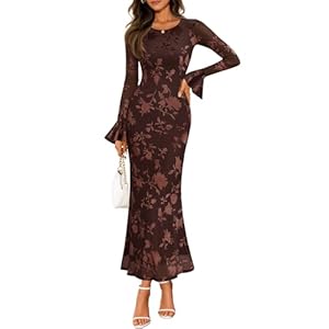 ZESICA Women’s 2025 Bell Long Sleeve Floral Maxi Dress Fall Fashion Bodycon Mesh Wedding Guest Cocktail Party Dresses