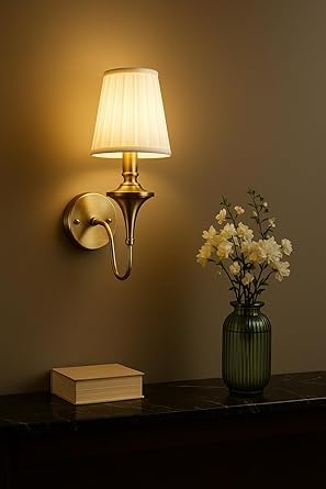 Image of Imperial Grace Vintage Gold Wall Lamp | Classic Cream Fabric Platted Shade | Wall Lamp with Metal Frame | Decorative Lighting Fixture for Living Room, Bedroom