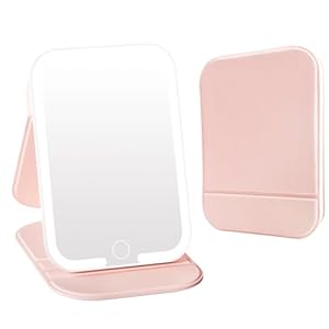 Rechargeable Travel Mirror with Light, LED Makeup Mirror with Lights, Portable Vanity Mirror with 3 Color Lighting, Touch Dimmable Lighted Cosmetic Mirror, Travel Essentials for Women (Pink)