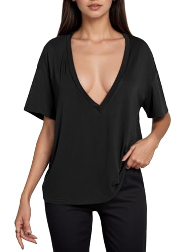 LCXWFE Womens Deep V Neck Sexy Tops Summer Short Sleeve Slim T Shirts Solid Color Basic Tees2