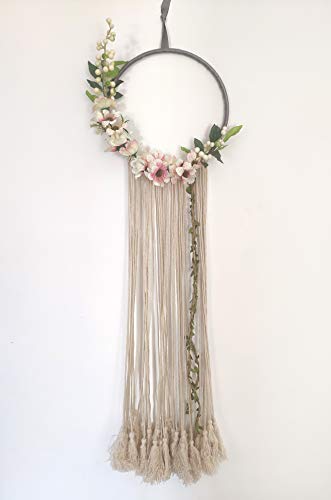 RISEON Handmade 32" Long Large Tassel Dream Catcher Wall Hanging Decoration Macrame Fringe Floral Flower Wreath Dreamcatcher Boho Home Decor Ornament Gift (Peach)