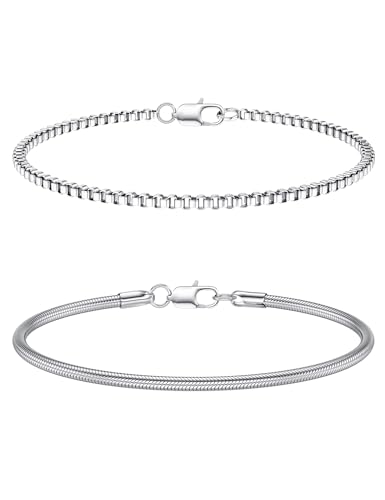 CASSIECA 2Pcs Pulsera Hombre Pulseras para Hombres Acero Inoxidable Apilable Pulseras Plata para Hombres Niños Pulseras Caja Serpiente 19CM Regalos para Papá Esposo Hijo