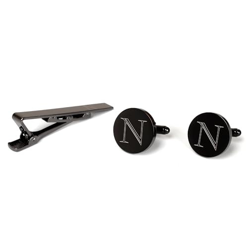 Image of Mens Initial Cufflinks and Tie Clip A-Z Alphabet Letter Black Stainless Cuff Links Tie Bar with Engraved Walnut Wood Box Groom Groomsman Wedding Set