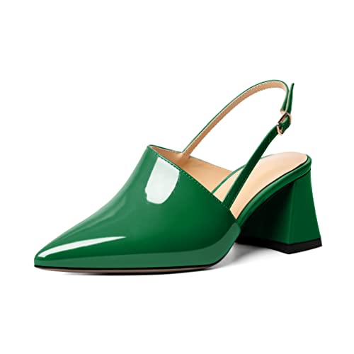 AUMOTED Women Green Slingback Heel Pumps Dating Block Mid Heels Pointed Toe Solid Chunky Pumps Party 2.5 Inch Dress Shoes Patent Leather Green US Size 10