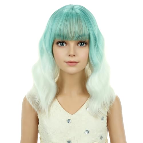 Image of PATTNIUM Girls Mint Green Ombre White Wig with Bangs Kids Short Wavy Curly Mint Green Ombre Bob Wigs Synthetic Halloween Costume Cosplay Party Wigs
