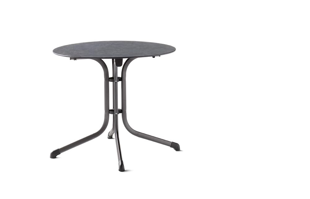 SIEGER Boulevard Platte. Klapptisch, Polytec-Dekorplatte und Stahlrohr-Gestell, Eisengrau/Schiefer anthrazit, 85cm ø, 5135-30 KT